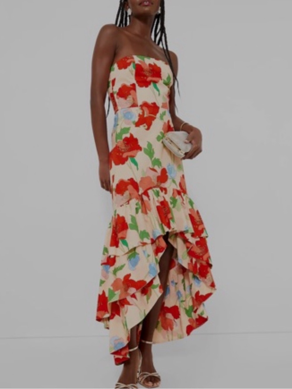 Tuckernuck Strapless Floral High-Low Dress in Ivory and Red